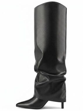 Women's Black Faux Leather Over Knee High Boots Fashion Shoes With Side Zipper